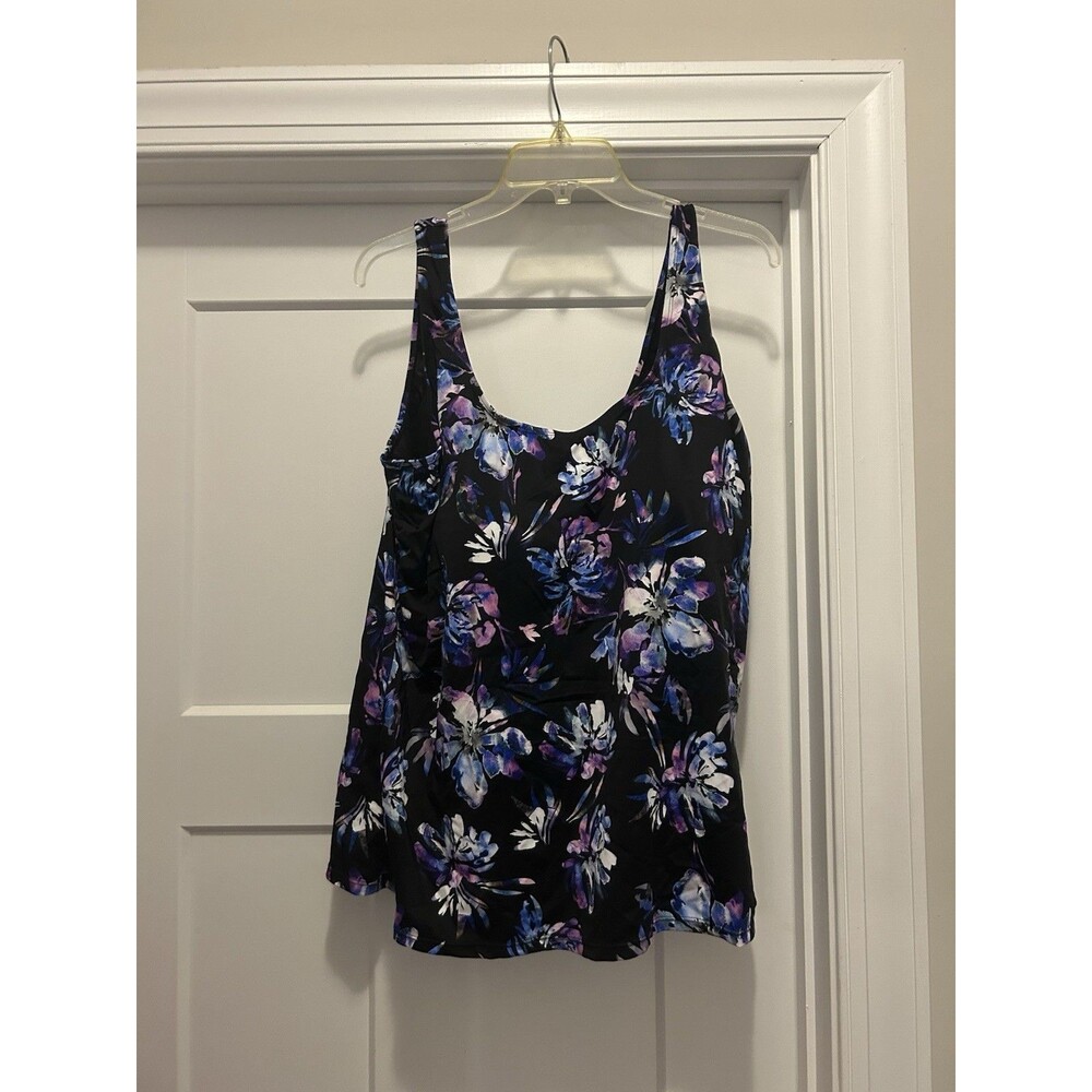 SWIMSUITS FOR ALL Size 24 Tankini Top Inner Bra Adjustable Straps Black Floral